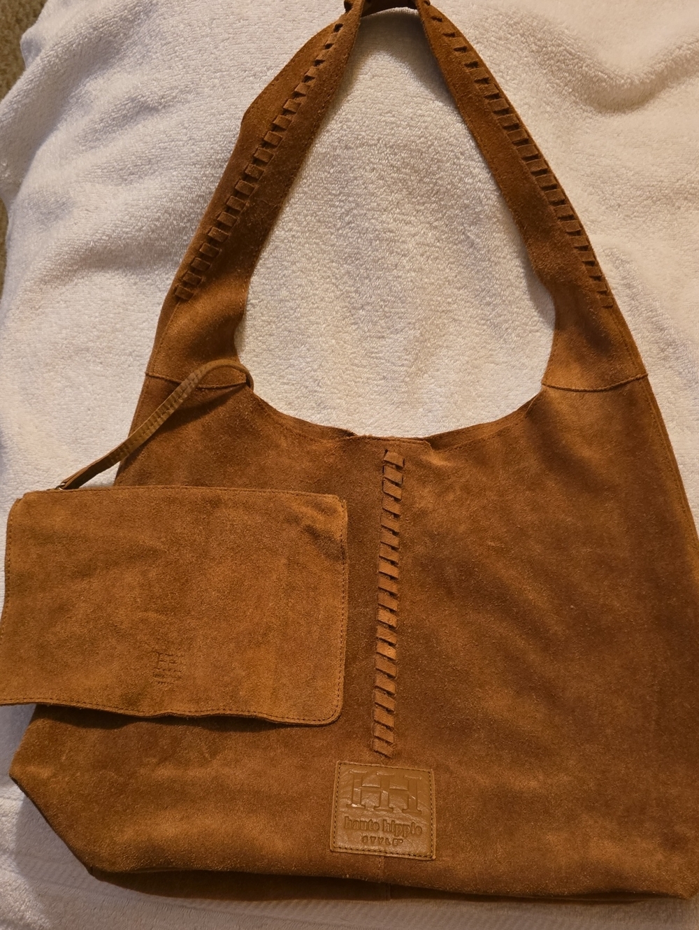 Haute Hippie Festival Suede Hobo Bag Brown Tan Whipstitch Slouchy With Pouch - Picture 16 of 16
